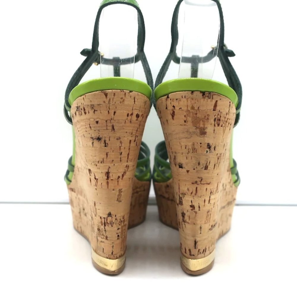 Louis Vuitton Summertime Cork Wedge Sandals Green Patent Leather Size 37.5 - Picture 7 of 12